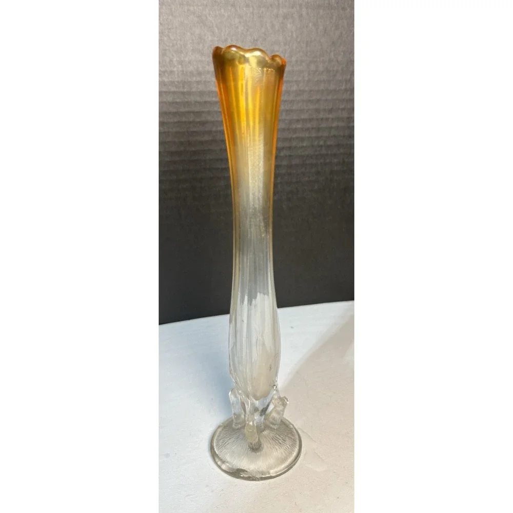 ATQ‎ Dugan Carnival Glass Bud Vase Clear to Marigold w/Twig Branch Base 9.25